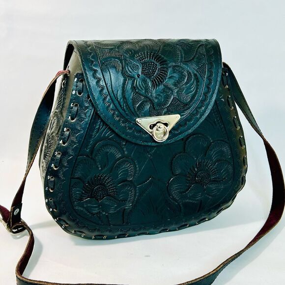 Black Leather Hand-Tooled Embossed Mexican Floral Artisanal Crossbody - Picture 9 of 10